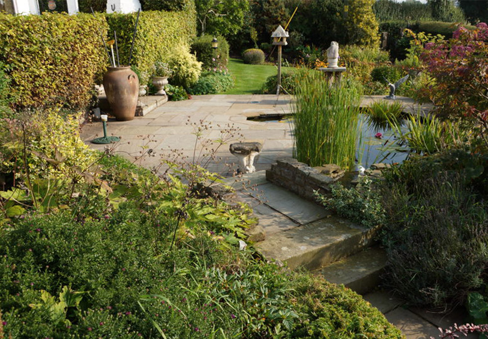Water feature and paved surround, Little Leigh, Cheshire